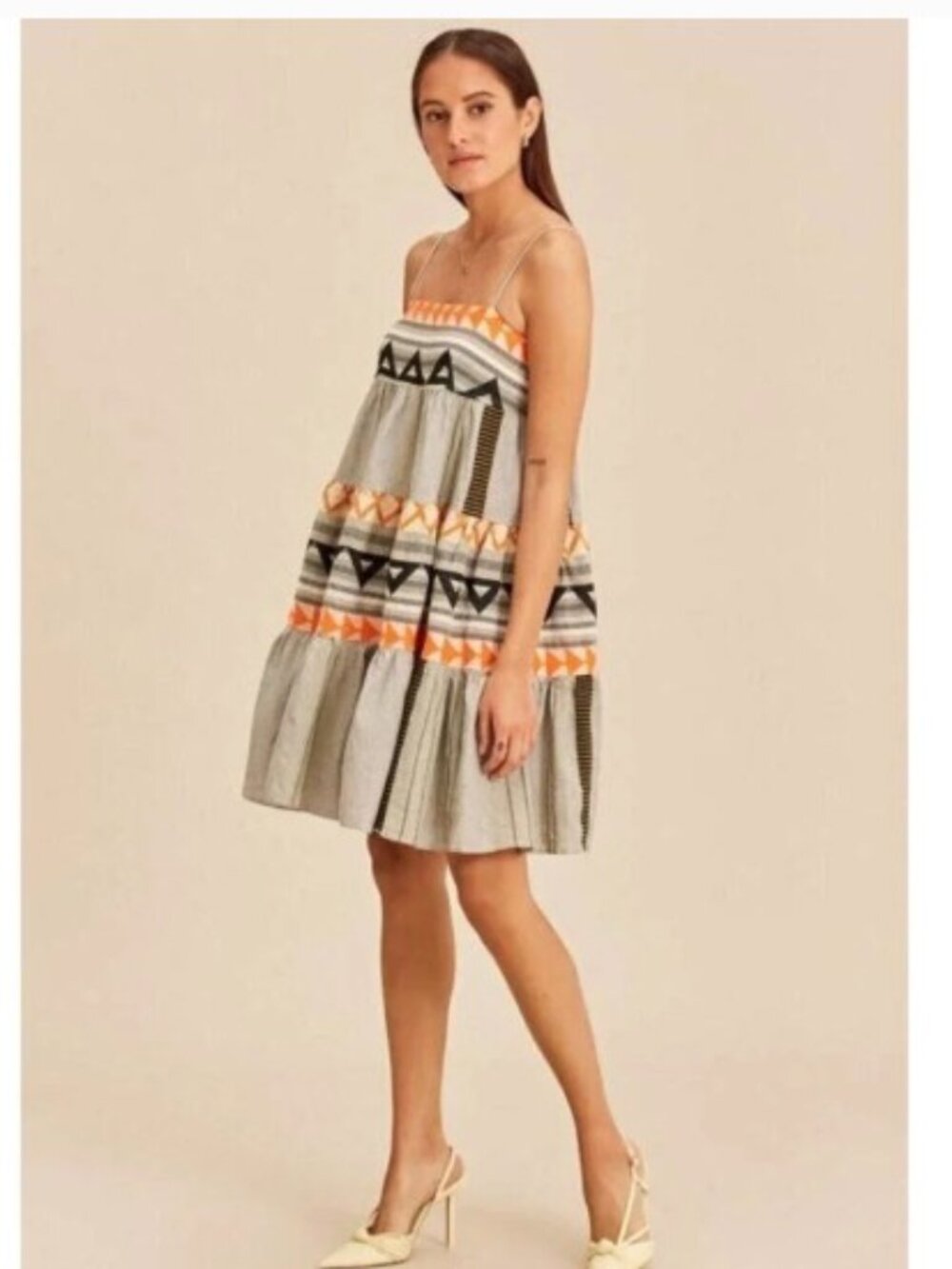 Devotion Twins Gray Black & Orange Doha Spaghetti Straps Flowy Boho Dress Medium